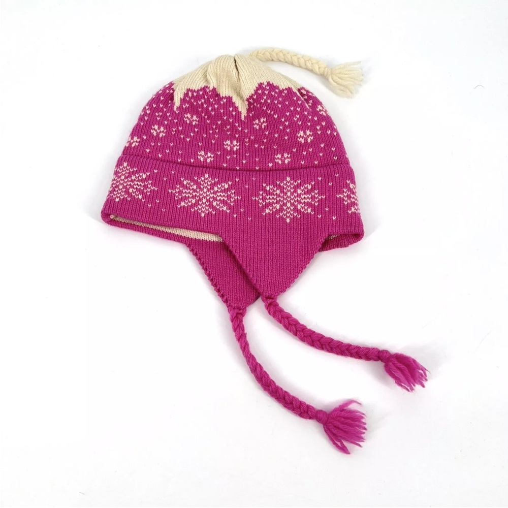 Vintage Ski Hat Pink Fairisle Knit Earflaps Wool Blend Vermont Needlecrafts USA